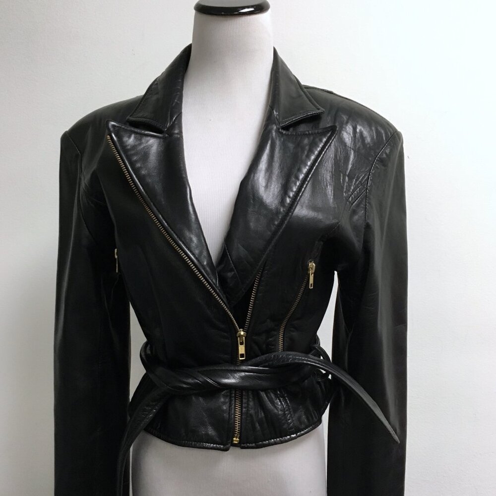 Vakko black leather motorcycle jacket BIG SHOULDER pads Vintage 80s S